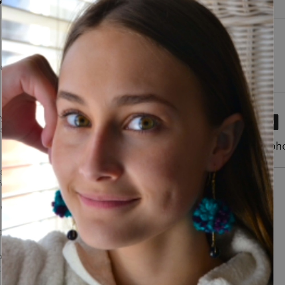 Teal blue & purple handmade Pom Pom dangle earrings with sunstone good luck